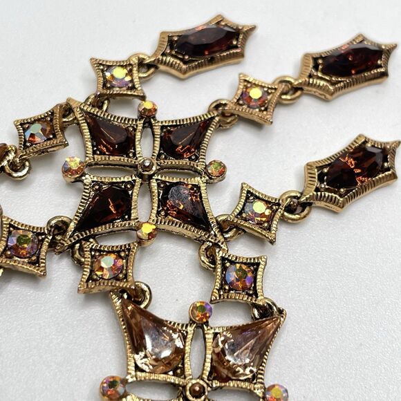 Rare Gold Tone Vintage Brown AB Glass Rhinestone Necklace Bracelet Earrings Set - Picture 5 of 9
